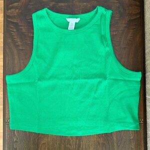New with Tags H&M  Fitted, Green Crop Tank Top Ribbed Cotton Jersey - Sz - XXL
